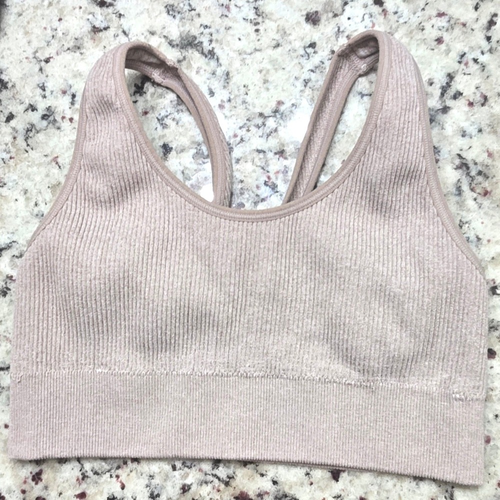 Aerie Sports Bra Seamless Ribbed Tan Small Nylon Blend Low Impact Racerback